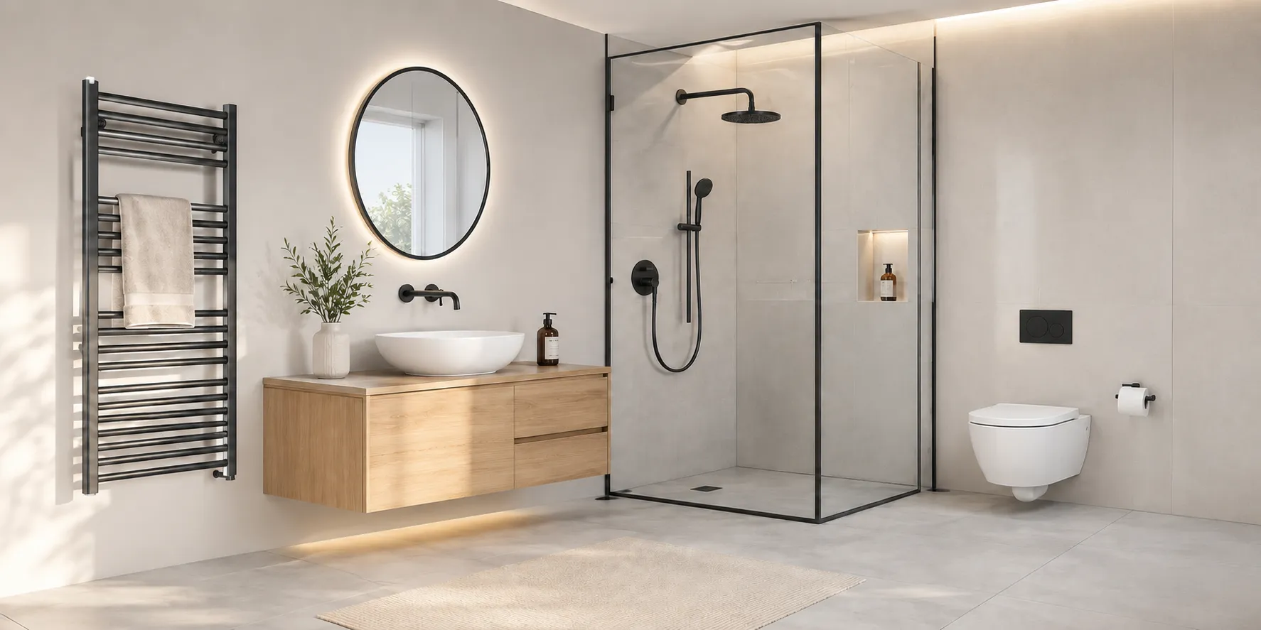 Modernes Bad mit Dusche, Waschtisch, Heizkörper und Heiztechnik